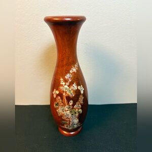 Vintage Hand-Turned Wood Lacquered Vase with Inlaid Mother-of-Pearl